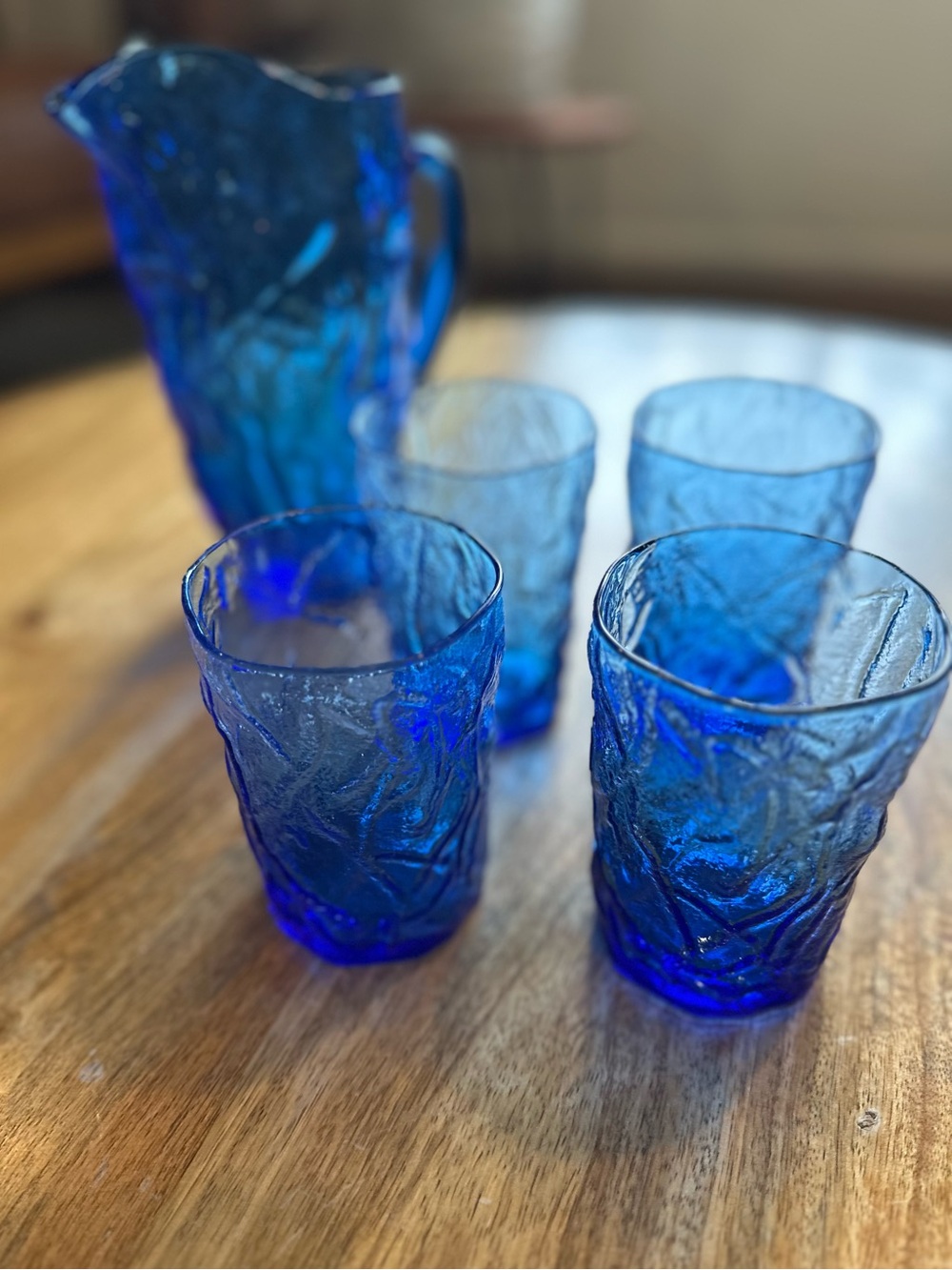 Cobalt Blue Textured Glass Pitcher and 4-Tumbler Set - Home Dining